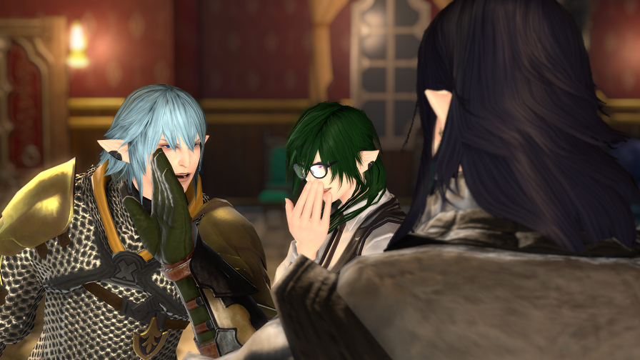 Haurchefant holding a hand near his face as if telling a secret to Rain as Haurchefant stares on in disappointment